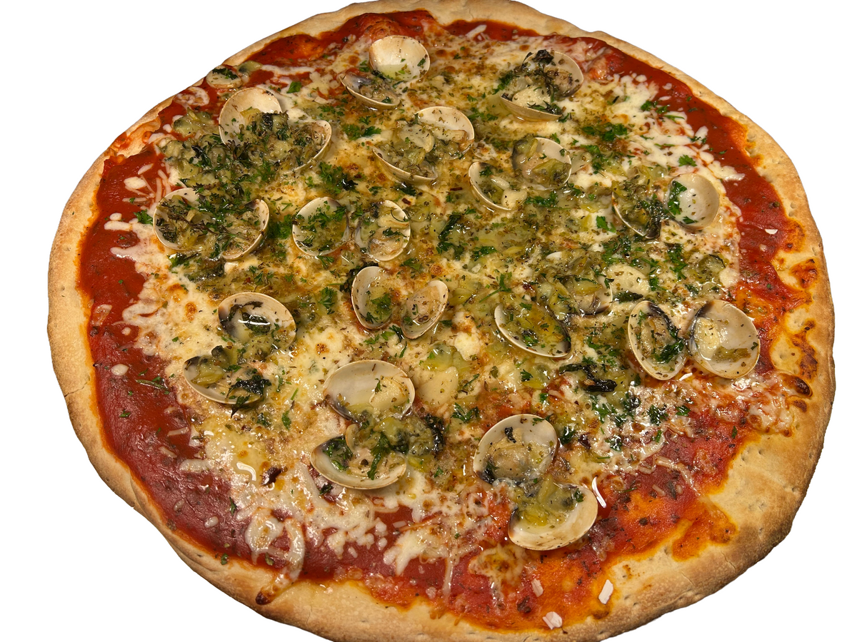 Pizza with mushrooms and herbs on a white background