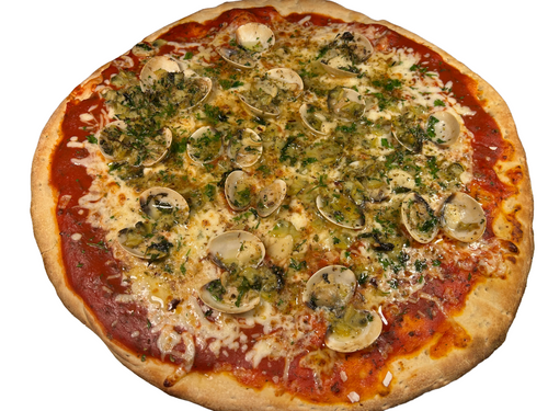 Pizza with mushrooms and herbs on a white background